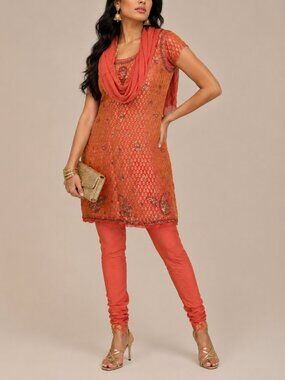 Orange gold Beaded sequins paisley Salwar churidar Set Indian Wedding Party boho